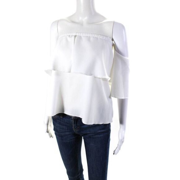 Ellelauri Women's Off The Shoulder Short Sleeves Ruffle Blouse White Size L - Picture 2 of 5